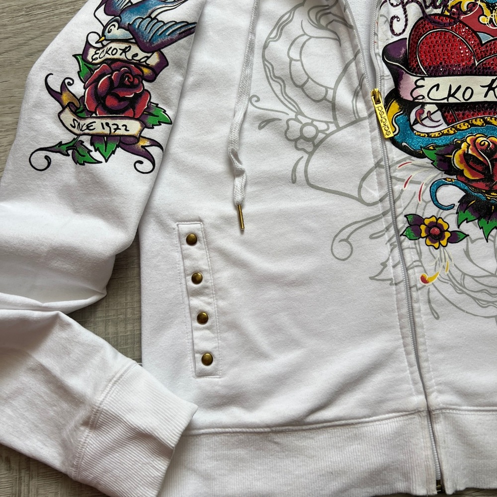 VTG Ecko Red Womens White Tattoo Graphic Zip Up Hoodie Rhinestone Heart Y2K M - Picture 10 of 12